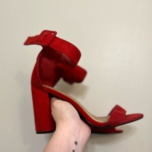 Beautiful red high heels with ankle strap, size 9